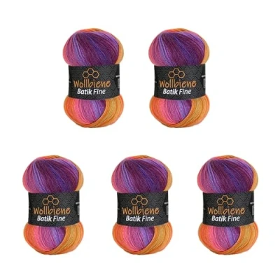 Afbeelding van Wollbiene Batik Fine Wol, 5 x 100 g, 500 gram wol met kleurverloop, meerkleurig, kleur: 5600 paars bessen oranje