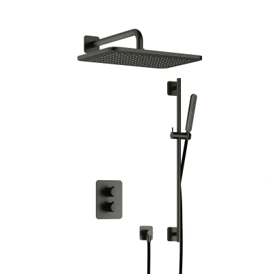 Afbeelding van Hotbath Gal Regendoucheset IBS40A Geborsteld Gunmetal PVD Staaf Handdouche 40cm Hoofddouche Wandarm met glijstang