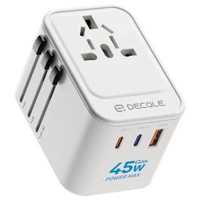 Afbeelding van Universele stekkeradapter, internationale reisadapter met 2 USB C poorten (GaN 45 W) &amp; 1 A, Concerner Frankrijk naar de VS, VK, EU, AU en 224 landen (wit) BE