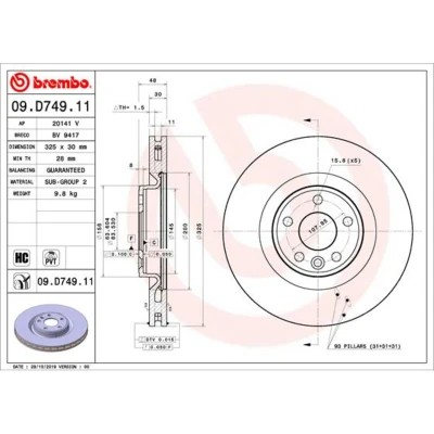 Afbeelding van BREMBO 09.D749.11 Remschijf 325 30 5 interne ventilatie Gecoat High carbon LAND ROVER: Range Rover Velar