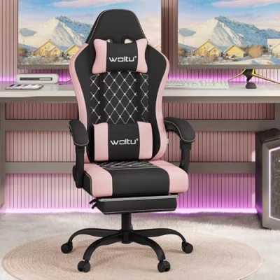 Afbeelding van WOLTU GS15swr Ergonomische draaistoel met pocketveringkussen, lendenkussen, voetensteun, netstof, zwart en roze