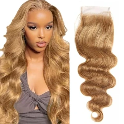 Afbeelding van Tuheerst Body Wave kanten sluiting van echt haar, blond, sluiting, #27, met babyhaar, 100% onbewerkt, Virgin Braziliaans Remy haar voor dames, 50 cm