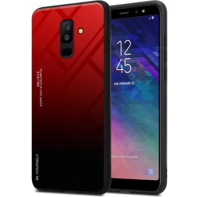 Afbeelding van Cadorabo Hoesje geschikt voor Samsung Galaxy A6 PLUS 2018 in ROOD ZWART Tweekleurige beschermhoes van TPU silicone Case Cover en achterzijde gehard glas