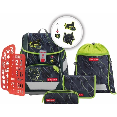 Afbeelding van Step by Schooltas 2in1 Plus Schulranzen Set 6 delig Danger Cat Chiko Donkergrijs