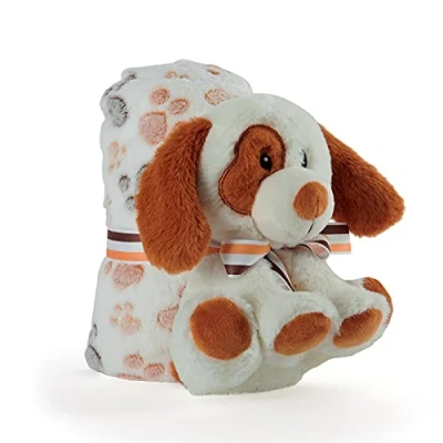 Image de Couverture Bebe avec Animal en Peluche Douce Plaid Doudou Chien Petit Enfant 0 1 2 3 Ans Cadeau de Naissance Fille Garcon Coloré Tissu Moelleux Chaud 120x80 cm Perletti (Chien)