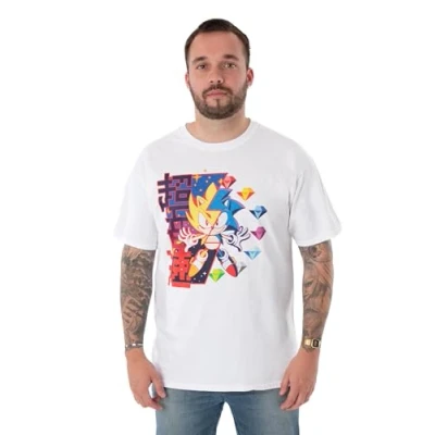 Afbeelding van Sonic the Hedgehog Heren T shirt Super Diamonds Wit grafisch voor volwassenen Nostalgische speelkleding uit de jaren 90 met korte mouwen Lichtgewicht Retro Art Top,
