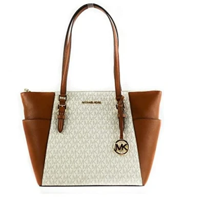 Afbeelding van Michael Kors Charlotte Signature Leather Large Top Zip Tote Handbag Bag (Vanilla)