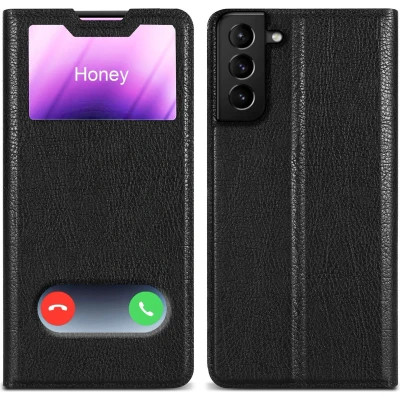 Afbeelding van Cadorabo Hoesje geschikt voor Samsung Galaxy S21 PLUS in KOMEET ZWART Beschermhoes met magnetische sluiting, standfunctie en 2 kijkvensters Book Case Cover Etui
