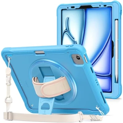 Afbeelding van ProCase robuuste hoes voor iPad Air 11 inch 6e generatie 2024 M2, 5e/4e 2022/2020, schokbestendige met polsband, 360 graden draaibare standaard, zwart
