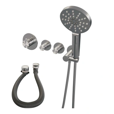Afbeelding van Brauer Brushed Edition Badkraan inbouw douchegarnituur 3 gladde knoppen handdouche rond standen PVD geborsteld RVS