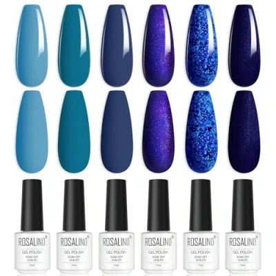 Afbeelding van ROSALIND semi permanente nagellak, uv gel, permanent, 6 kleuren, donkerblauw, glitter, soak off, UV/LED, manicure
