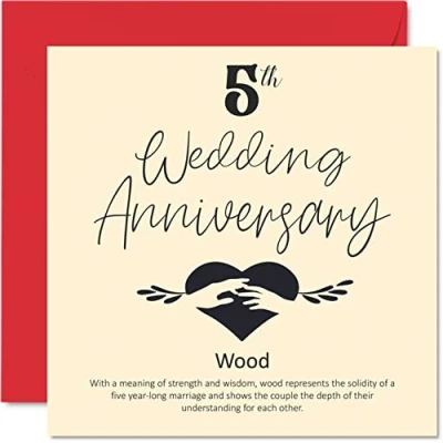 Afbeelding van 5e huwelijksverjaardag kaart voor echtgenoot, vrouw, vriend, vriendin, huwelijksverjaardag, houten huwelijkskaart vrouwen, mannen, haar, hem, wenskaarten, 145 mm x