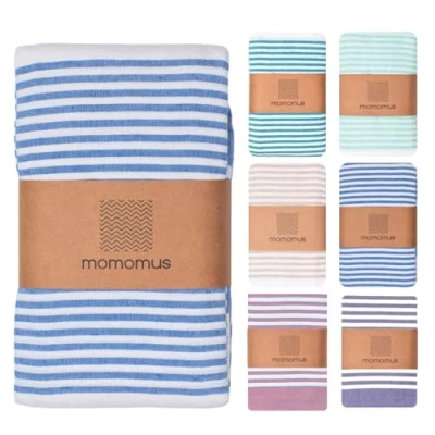 Afbeelding van MOMOMUS Fouta XXL strandlaken of picknicklaken voor strand gestreepte deken met franjes tapijt, zandvrij picknickkleed blauw, 210 x 240 cm