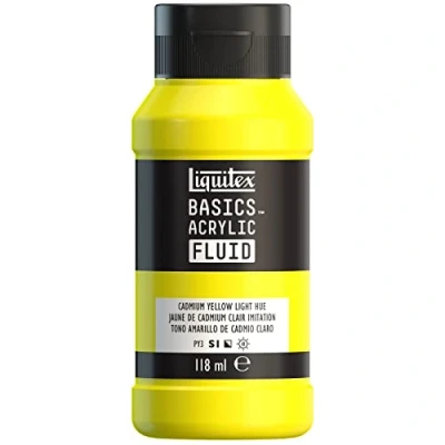 Image de Liquitex Basics Fluid Peinture acrylique à consistance fluide, séchage rapide, résistante la lumière, imperméable, base d&#039;eau, Flacon de 118 ml, Jaune Cadmium Clair Imitation