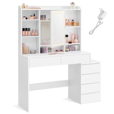 Afbeelding van VASAGLE RDT624W01 Make uptafel met ledverlichting, instelbare helderheid, spiegel, laden, open vakken, verstelbare planken, modern, wolkenwit