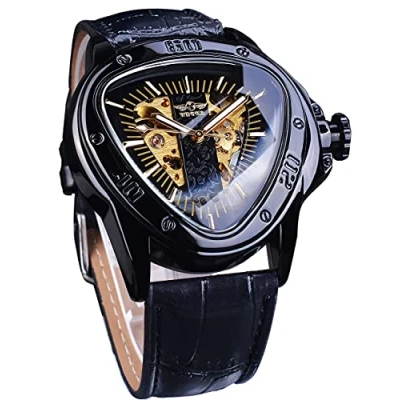 Afbeelding van Winner Fashion Driehoekig Mechanisch polshorloge waterdichte race wijzerplaat gouden skelet automatisch lederen uurwerk herenhorloge, zwart.,