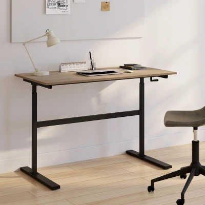 Image de Bureau droit JEANNE assis debout à manivelle hauteur réglable 70 120 cm bois façon hêtre et noir IDMarket
