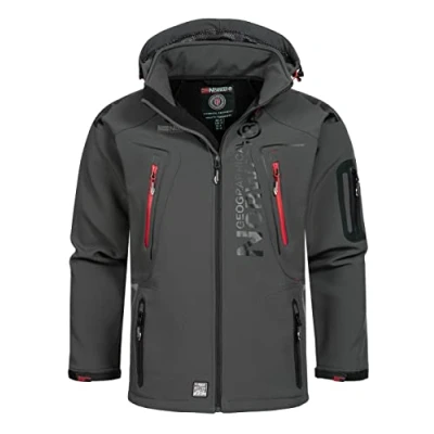 Afbeelding van Geographical Norway Winddichte herenjas met capuchon en trekkoord voor kamperen in de open lucht, wandelen, sneldrogend materiaal, BANS productie, grijs.