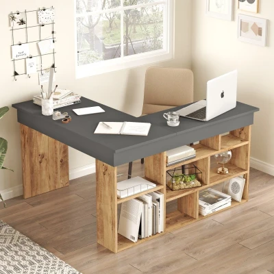 Afbeelding van Hoekbureau met opbergruimte Kleur: antraciet en houtlook LILEUL L 129 cm x H 72 D 120