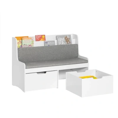 Afbeelding van SoBuy Speelgoedkist voor kinderen, opbergbank met boekenkast, 2 laden op wielen en zitkussen, 100 x 45 70 cm, wit, KMB66 W