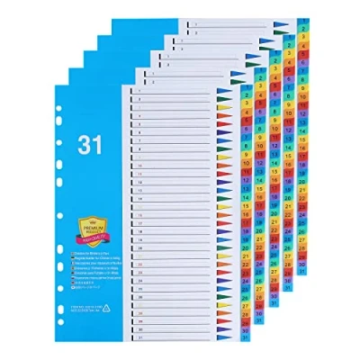 Afbeelding van (5 stuks) A4 tabbladen van kunststof, met 31 posities, verdelers veelkleurige tabbladen, genummerd 1