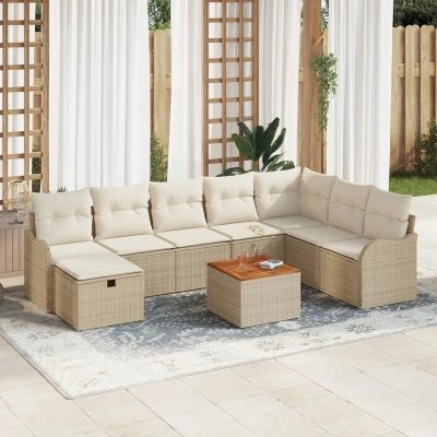 Afbeelding van vidaXL 9 delige Tuinsofaset met Kussens Beige Poly Rattan