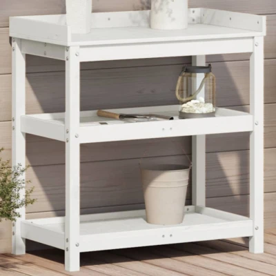 Afbeelding van Oppottafel met schappen 82,5x45x86,5 cm massief grenenhout wit