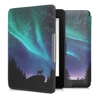 Afbeelding van kwmobile E reader hoesje geschikt voor Amazon Kindle Paperwhite hoes flip case met magnetische sluiting Ereader cover Noorderlicht Hert design in turquoise / blauw zwart