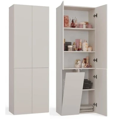 Afbeelding van BDW Badkamerkast, wasmand, 4 deuren, 174 x 60 30 cm, wastafelonderkast, hoge kast, badkamermeubel, badkamerrek (kasjmier)