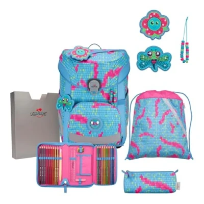 Afbeelding van DerDieDas Schooltas ErgoFlex Easy Schulranzenset 5 delig Happy Pixel Lichtblauw