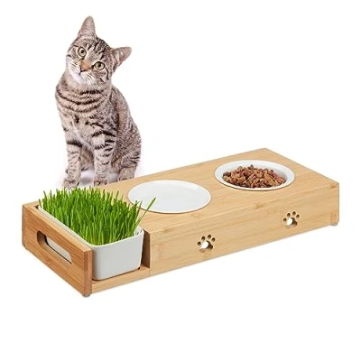 Afbeelding van Relaxdays dubbele voerbak kat met kattengras bakje 2 keramische voerbakjes 250 ml
