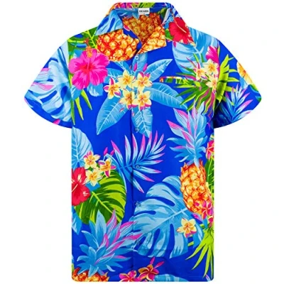 Afbeelding van King Kameha Funky heren overhemd met korte mouwen, borstzakje, Hawaï print, ananas , palmboom en bloemenmotief