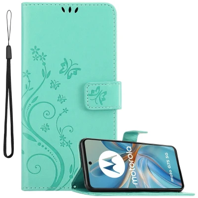 Afbeelding van Cadorabo Hoesje geschikt voor Motorola Moto G75 in BLOEMEN TURKOOIS Beschermhoes bloemmotief met magnetische sluiting, standfunctie en kaartsleuven Book Case Cover Etui