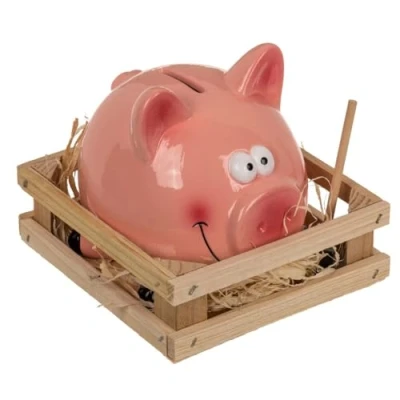 Afbeelding van Spaarvarken met hamer in kistje 14 x 12 cm Keramiek Spaarpot hamertje