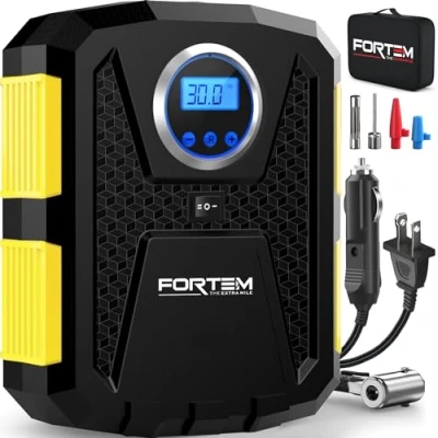 Afbeelding van FORTEM Bandenpomp 150 psi, fietspomp, luchtpomp 230 V AC 12 DC voor autobanden, digitale manometer met automatische pomp/stop, draagtas (geel)