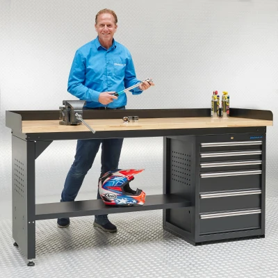 Afbeelding van Werkbank PRO met eiken werkblad en 6 lades 200 cm