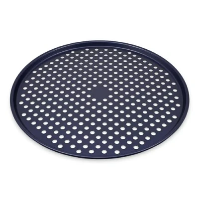 Afbeelding van Zyliss Grote pizzaplaat voor oven, dubbellaagse antiaanbaklaag, geperforeerde bodem 36 cm, duurzaam koolstofstaal, PFAS vrij, donkerblauw, vaatwasmachinebestendig