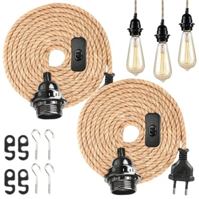 Afbeelding van Set van 2 hanglamp met schakelaar en stopcontact, E27 fitting 4,5 m, gedraaid, kabel, vintage lampkabel schakelaar, doe het zelf voor boerderij, huis, loft