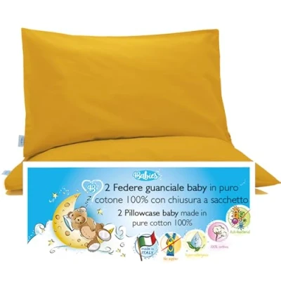 Afbeelding van 4BABIES Kussensloop 50 x 30 cm voor kinderen 2 kussenslopen babybed en bed van 100% puur katoen, gemaakt in Italië, met envelopsluiting, Öko Tex gecertificeerd kinderbeddengoed geelgoud goud