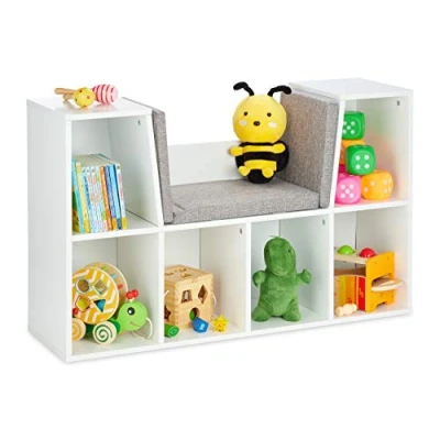 Afbeelding van Relaxdays Boekenkast met zitkussen, kinderrek 6 vakken, 63 x 103 30 cm, gevoerd, kinderbank, wit, schuim