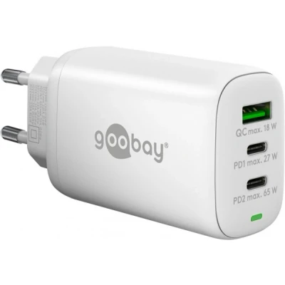 Afbeelding van Goobay USB C PD 3 weg multiport snellader (65 W) wit 2x poorten (Power Delivery) en 1x A poort (Quick Charge)