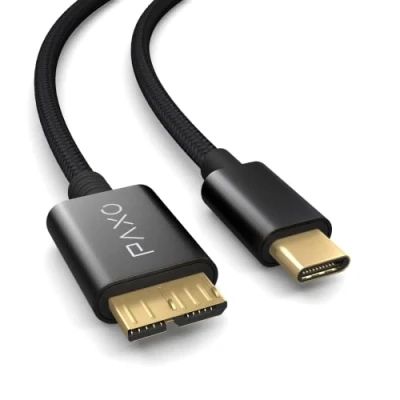 Afbeelding van PAXO 1 m USB C Micro 3.2 Gen2 nylon kabel voor harde schijf, 10 Gbit/s, HDD kabel, datakabel, zwarte oplaadkabel, stekker naar B