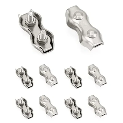 Afbeelding van QWORK M4 Dubbele kabelbinders, duplex clips van roestvrij staal voor 3 mm 4 metalen kabel, waslijnen, zonnezeilen, ophanging, vaste patio, 10 stuks