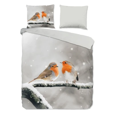 Afbeelding van Good Morning Dekbedovertrek &quot;roodborst vogels in de sneeuw&quot; Grijs (200x200/220 cm) Katoen Flanel