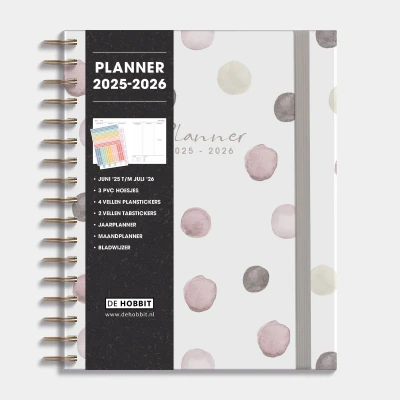 Afbeelding van Hobbit Luxe Weekplanner 2025 2026 1 week op 2 pagina&#039;s Harde Kaft Ringband Planner A5+ (23 x 18,5 cm) Waterverf Stippen