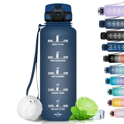 Afbeelding van Grsta BPA vrije sportfles met motiverende tijdweergave, voor sportschool, fiets, school, kantoor, marineblauw