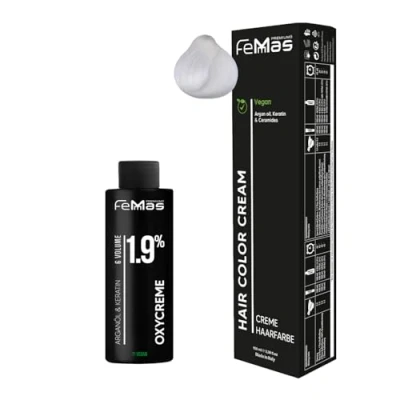 Afbeelding van Femmas Haarkleurset met bleekversterker 1000 I Hair Color Cream 100 ml + oxycrème 1,9% permanente haarkleur ontwikkelaar zacht en duurzaam kleuring voor