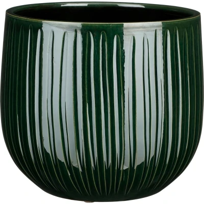 Afbeelding van Mica Decorations Plantenpot donkergroen glans ribbel 29x25cm