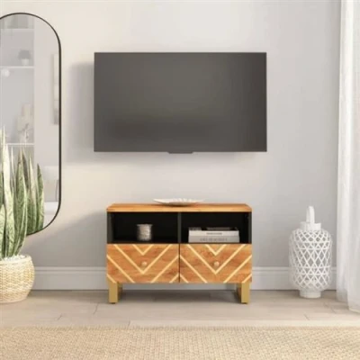 Afbeelding van Tv meubel 70x33,5x46 cm massief mangohout bruin en zwart