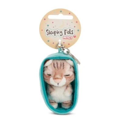 Afbeelding van NICI sleutelhanger Slapende Huisdieren Tabby Kat 8cm in Mandje Bruin Trouwe metgezel voor rugzak of tas, klein en groot 61608